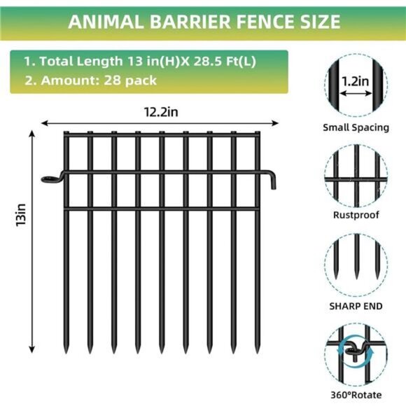 28 Pack Animal Barrier Fence, 13in(H) x28.5ft(L) Fence Barrier for Bottom - Picture 2 of 8